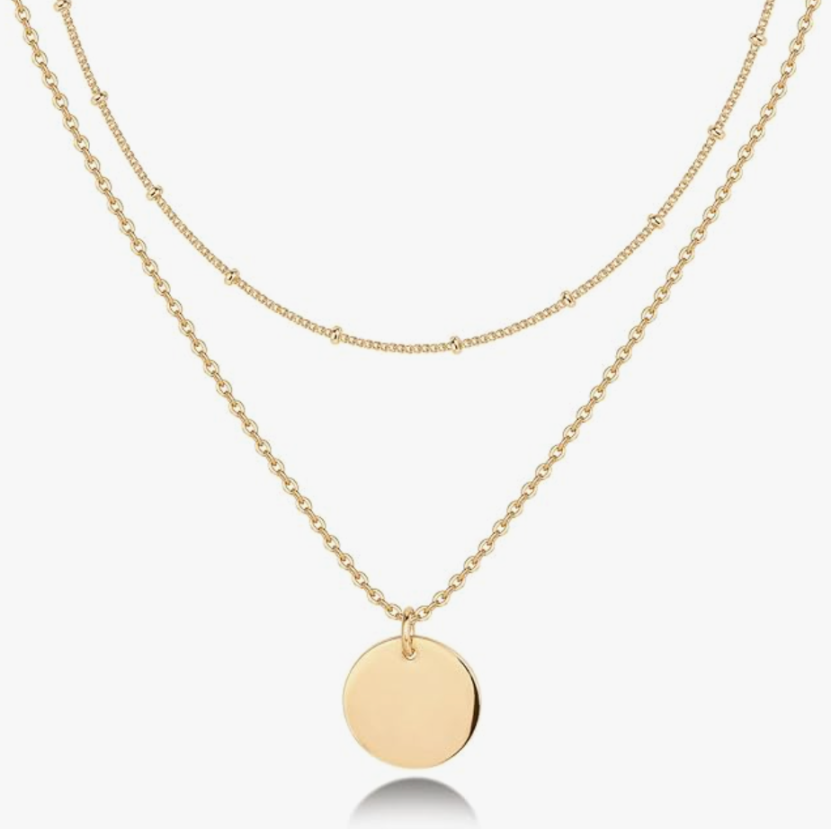 Layered Gold Satellite Chain and Polished Disc Pendant Necklace