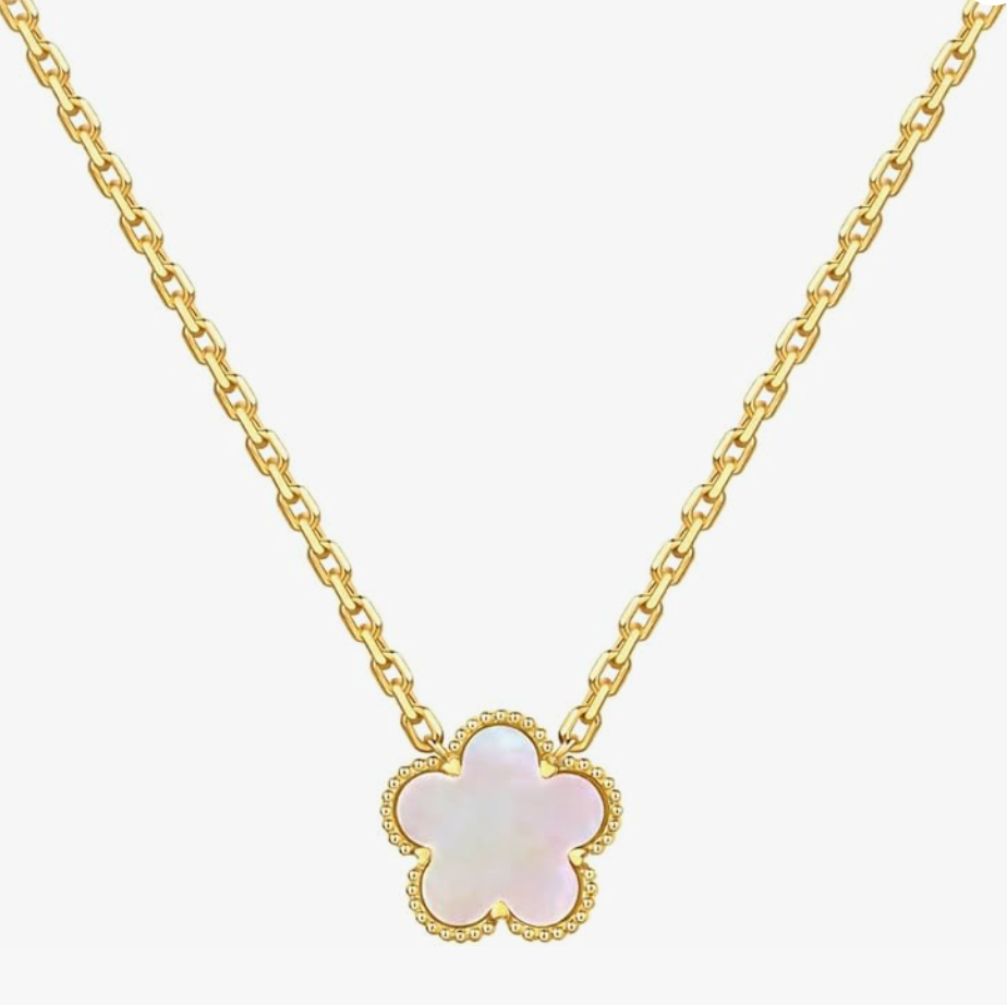 Mother of Pearl Blossom Flower Pendant Necklace in Gold