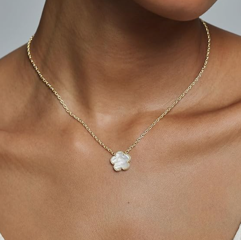 Mother of Pearl Blossom Flower Pendant Necklace in Gold