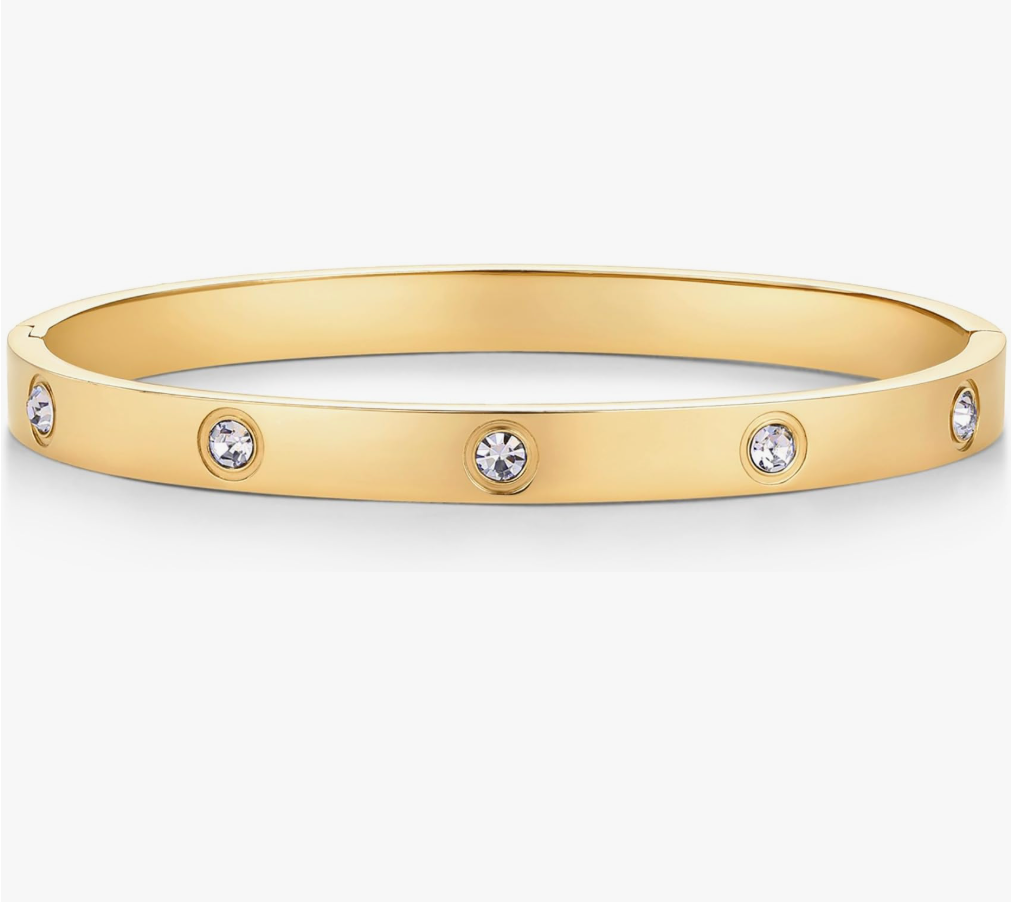 Bezel-Set Crystal Studded Flat Bangle in Gold