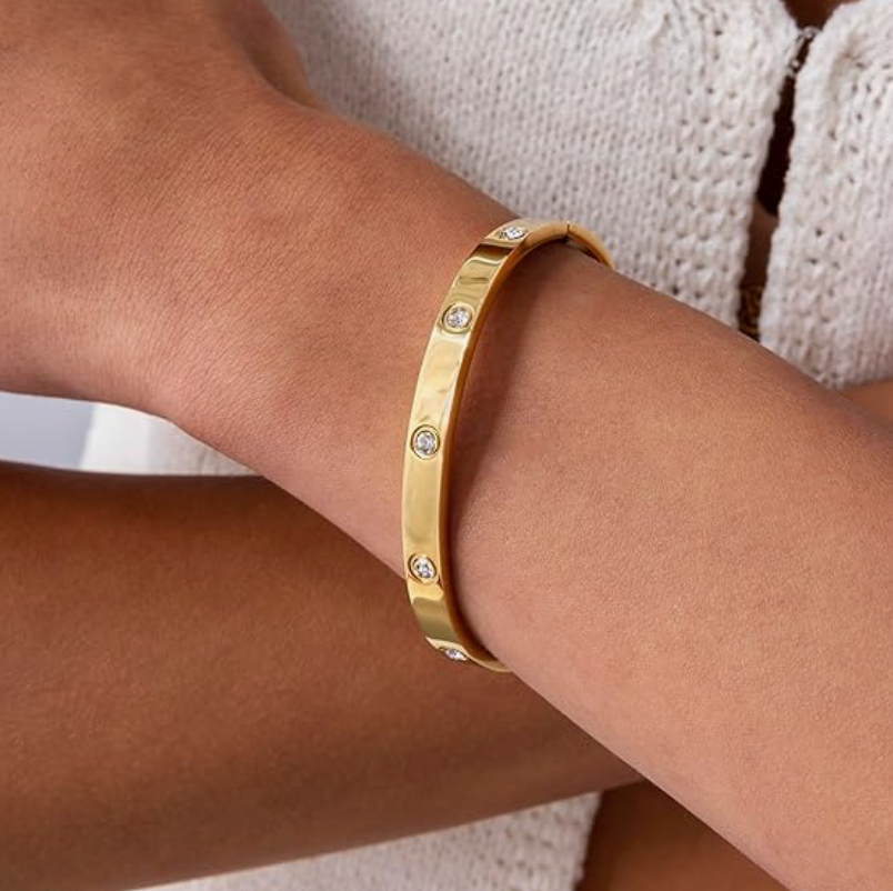 Bezel-Set Crystal Studded Flat Bangle in Gold