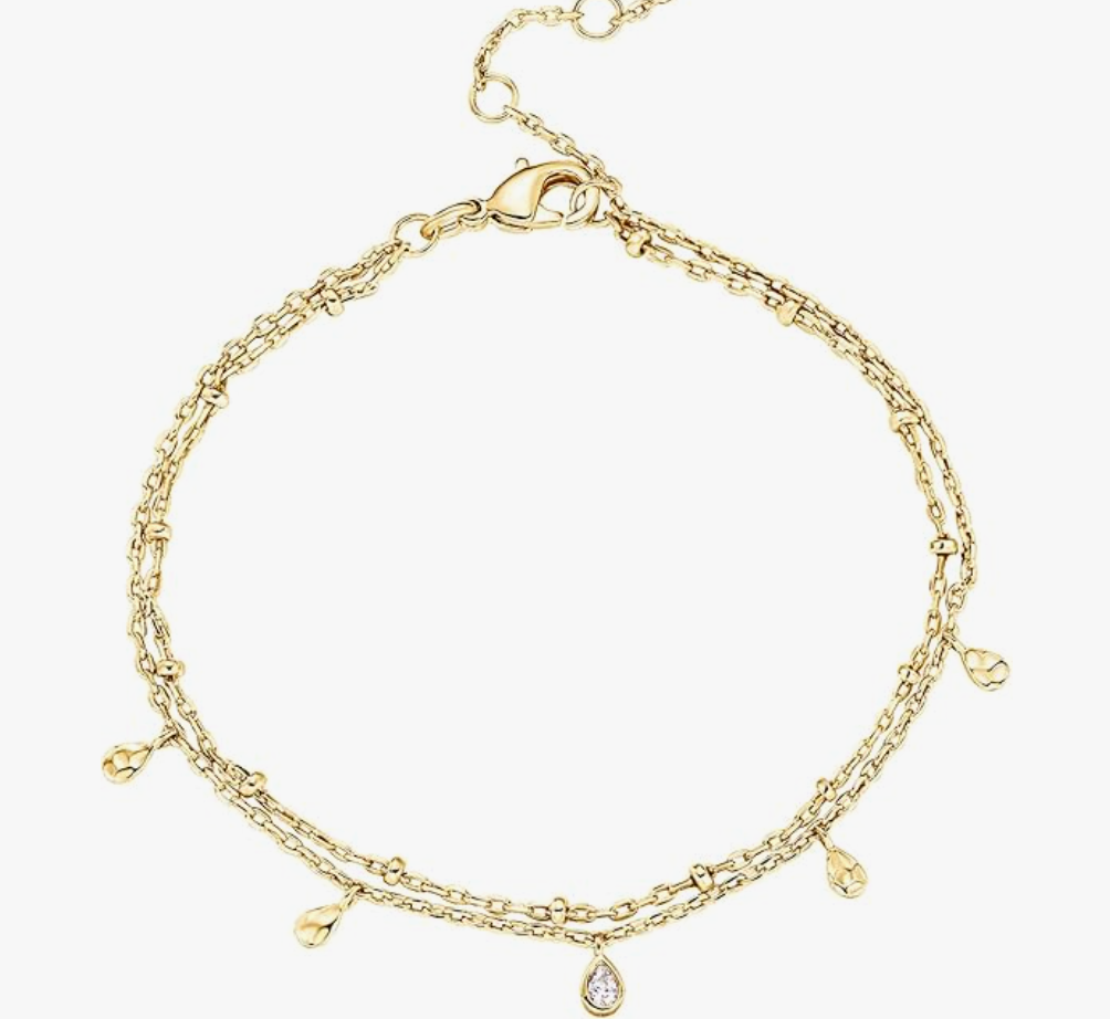 Layered Gold Satellite Chain Anklet with Teardrop Charms